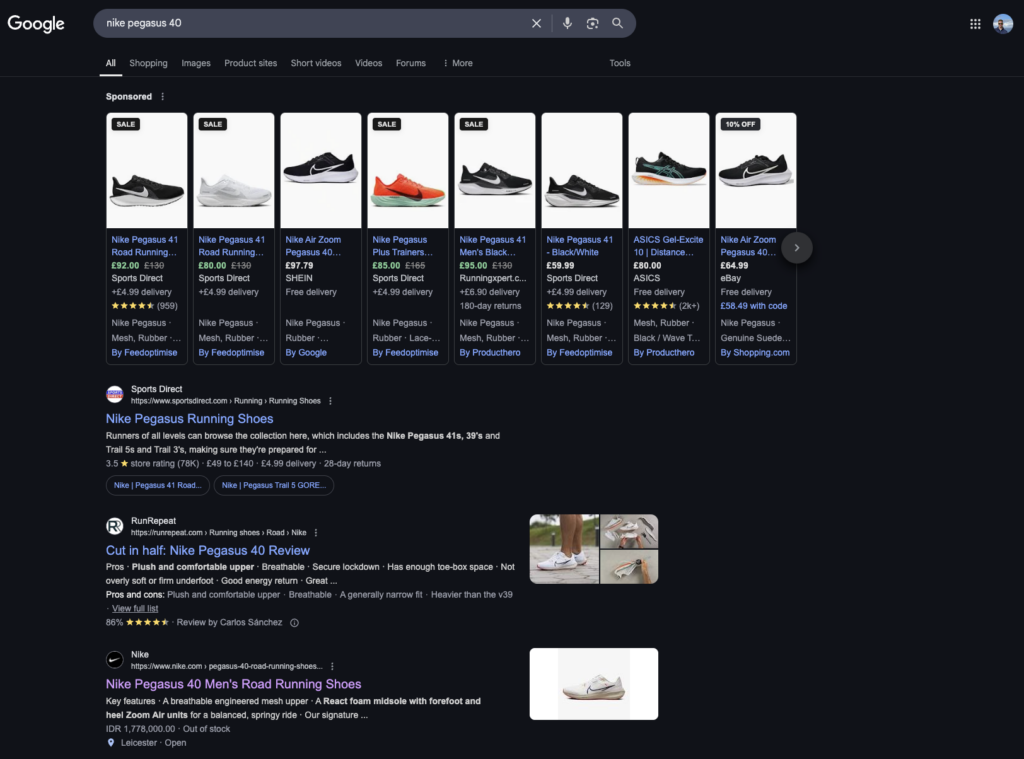 Google search results for Nike Pegasus 40 showing shopping ads for shoes followed by product pages from Sports Direct RunRepeat and Nike